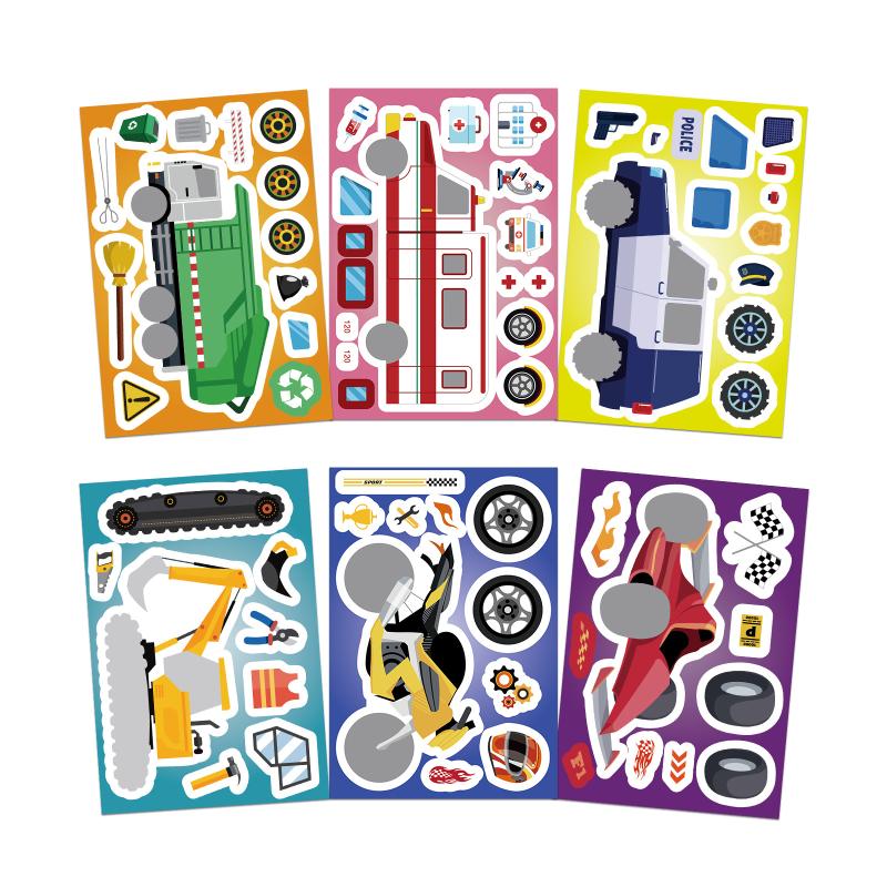 8 Sheets Motorcycle Excavator Various Vehicle Combinations Diy Decal Fire Truck Ambulance Puzzle Stickers Gifts Decoration