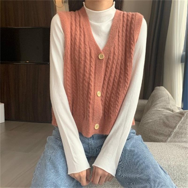 Korean Retro Cable Knit Vest Women V Neck Sweet Pastel Sleeveless Sweater Waistcoat Wholesale