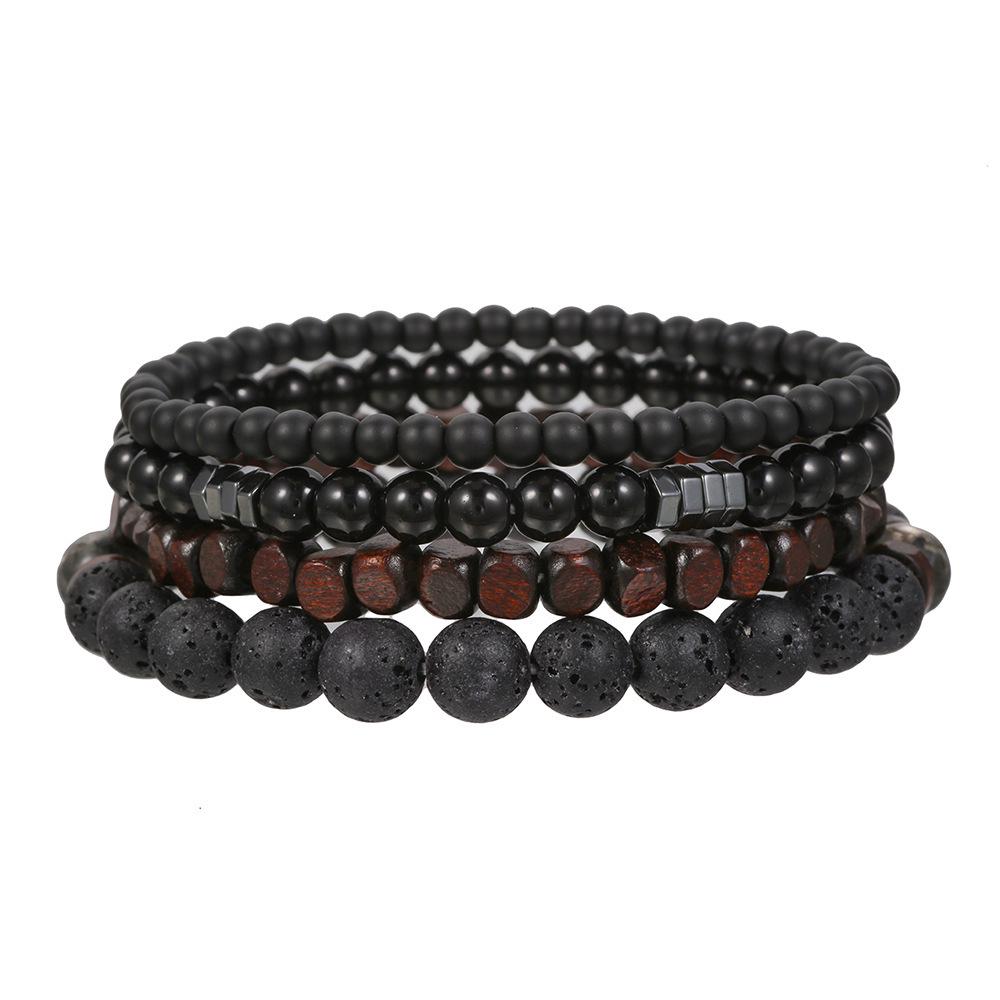 Men's Retro Hip Hop Black Agate Beaded Bracelet Set