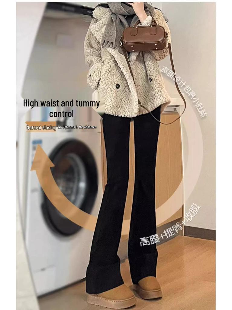 Women's Fleece-Lined High-Waisted Black Flared Denim Pants - 2025 Autumn/Winter Trend