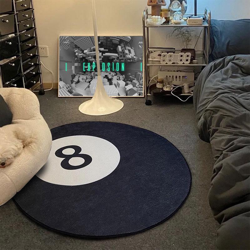 Black and White Minimalist Boys' Bedroom Non-Slip Billiards Floor Mat, 8-Ball Carpet for Home, Living Room, or Bedside Rug