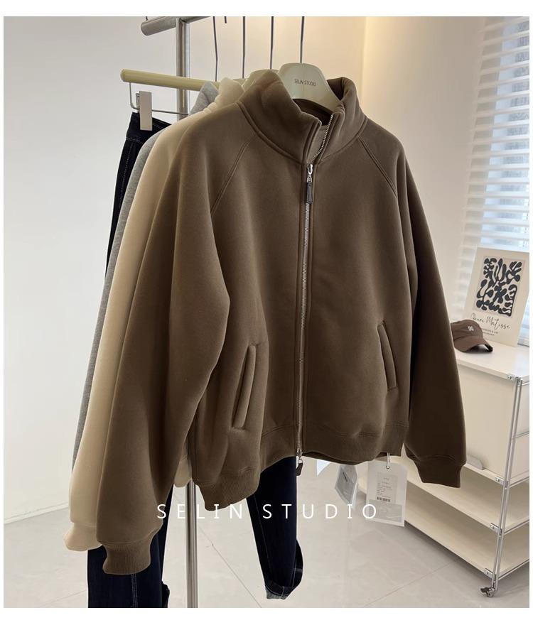 Women's Lambswool Fleece-Lined Stand Collar Zip-Up Cardigan – Thick, Versatile, Loose-Fit Winter Outerwear