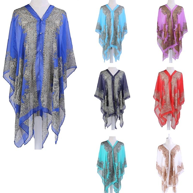 Elegant 2018 Women Chiffon Blouse Coat With Boho Floral Design For Beach Cover Up