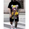 Men's Summer Short Sleeve Set Hip Hop Cartoon Bear Print Short Sleeve Top Shorts Casual Two-piece Outdoor Urban Street Fashion