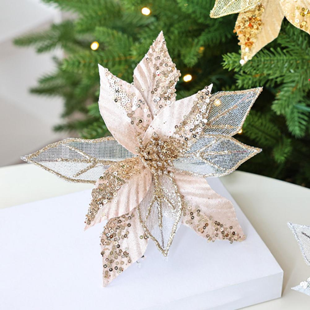 Artificial Holiday Flowers Glitter Poinsettia Flowers Shimmering Stamen Textured Look With Pearls Three-Dimensional Design