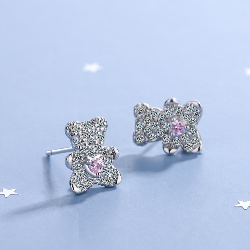 2026 Little Fresh Animal Cartoon Bear Girl Heart Diamond Love Ear Jewelry Stud Earrings