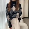 2023 Korean Retro Diamond Plaid Color Block Thick Warm Loose High Neck Sweater for Women