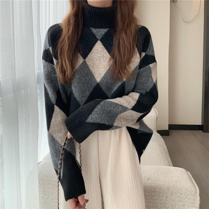 2023 Korean Retro Diamond Plaid Color Block Thick Warm Loose High Neck Sweater for Women