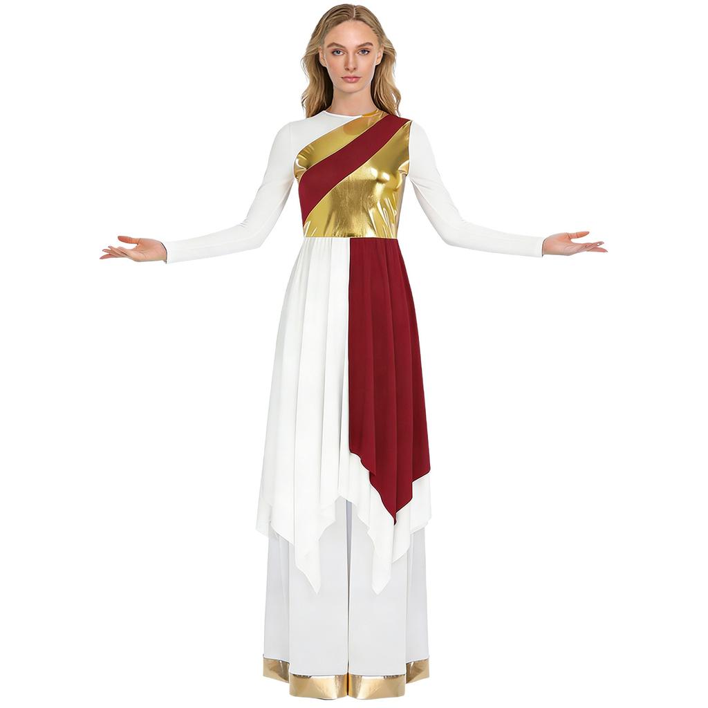 Dames Lyrische Dans Kostuum Set S-XXL: Jurk met Lange Mouwen, Metallic Contrastkleur, Onregelmatige Zoom & Wijde Broek voor Kerkdienst, Dans