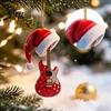 Unique Christmas Gift Red Guitar Ornament, 2D Flat Acrylic Hanging Pendant with Durable Holiday Decoration Santa Hat, Country Music Tree Decoration,