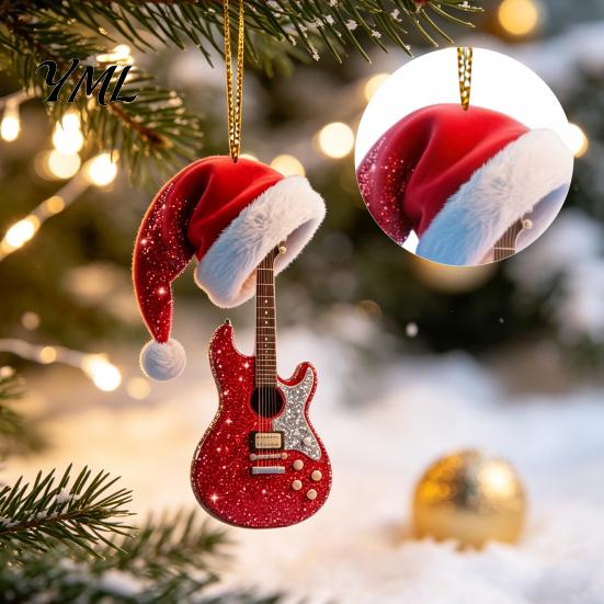 Unique Christmas Gift Red Guitar Ornament, 2D Flat Acrylic Hanging Pendant with Durable Holiday Decoration Santa Hat, Country Music Tree Decoration,