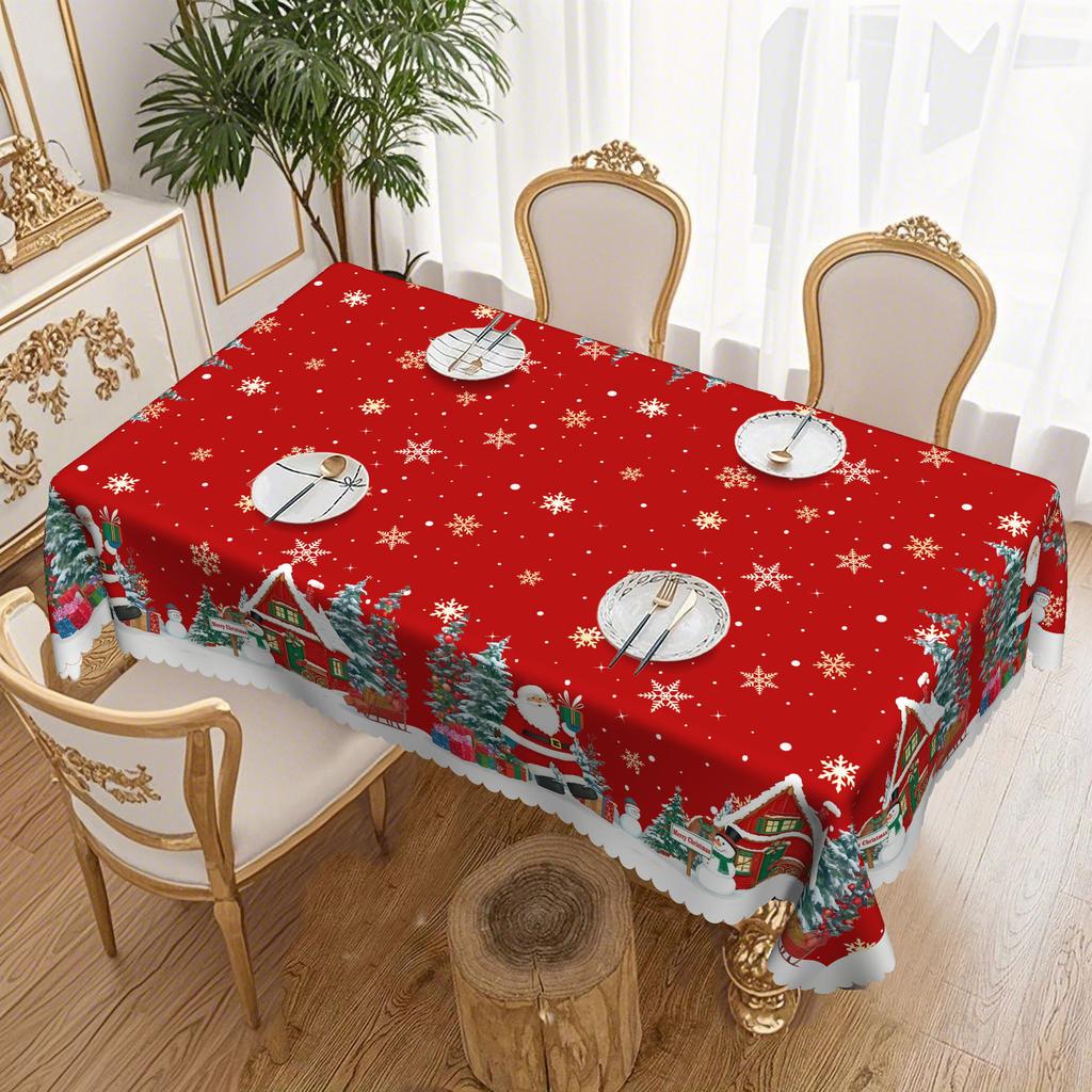 Christmas Tablecloth, Santa Snowman Christmas Tree Print, Waterproof And Oil-Proof, Round Table Square Table Cover Cloth