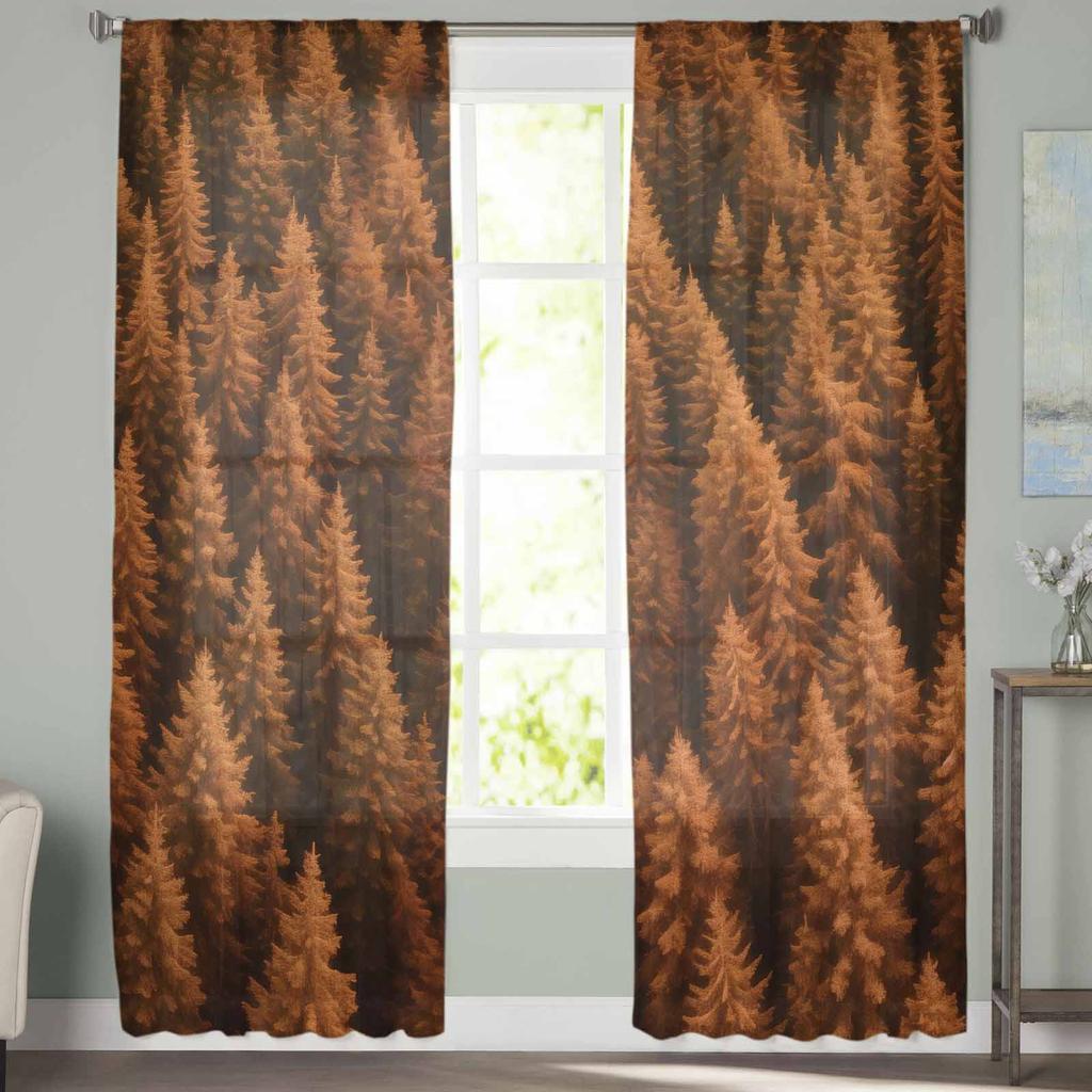 Wallpaper Forest Tree Autumn Tulle Window Curtains for Bedroom Luxury Home Decor Drapes In Living Room Chiffon Panels