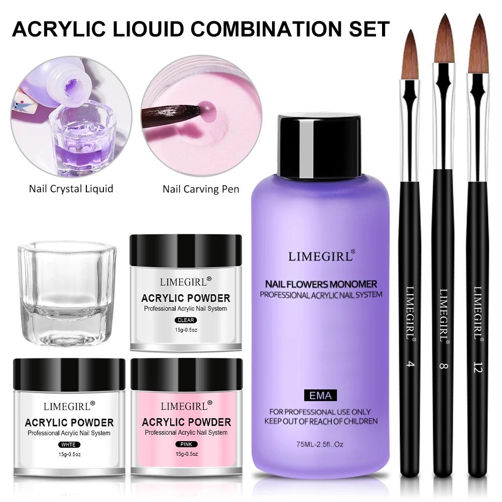 Nail Acrylic Powder Set Crystal Acrylic Liquid Nail Art Kit Nail Brushes Manicure Kit DIY Nails Tips Carving Tools For Beginners