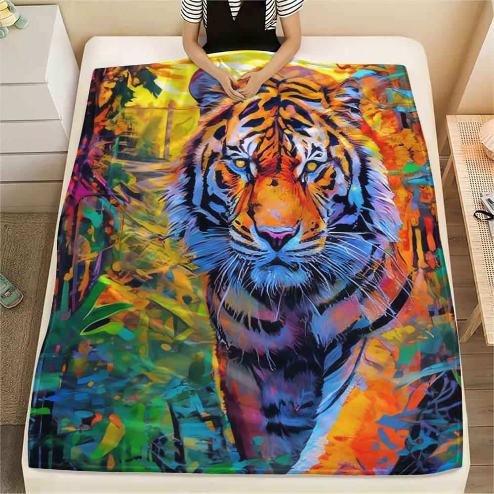 1Pc Tiger Fox Art Print Flannel Blanket, High Quality Comfortable for All Seasons, Home Decor, Warmth and Comfort, Perfect for Gifts
