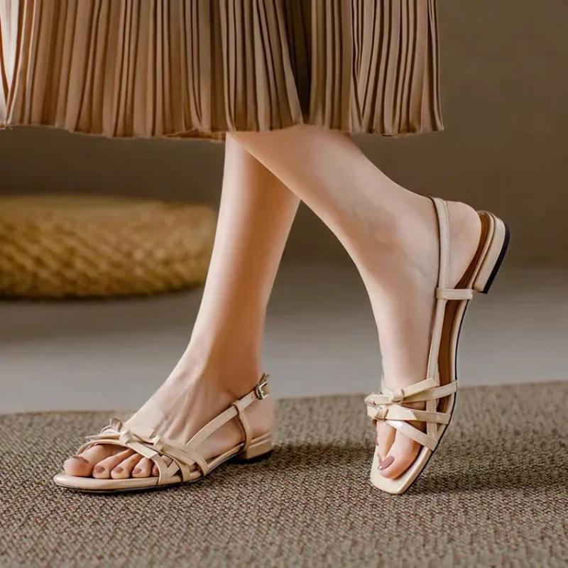 French Style Flat Bottom Woven Toe Roman Beach Sandals Women's Summer New Butterfly Knot Flat Heel Microfiber Roman Shoes