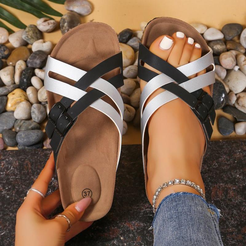 Fashion Narrow Band Cork Sandals Women Movable Square Buckle Slippers Solid/mixed Colors Cut-out Women and Men Lovers Sandales Femme