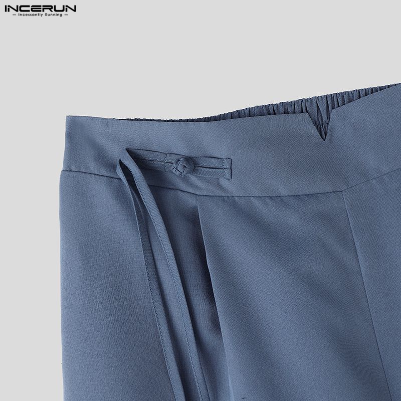 INCERUN Men High Waist Back Elastic Pockets Casual Long Wide Legs Trousers Pants