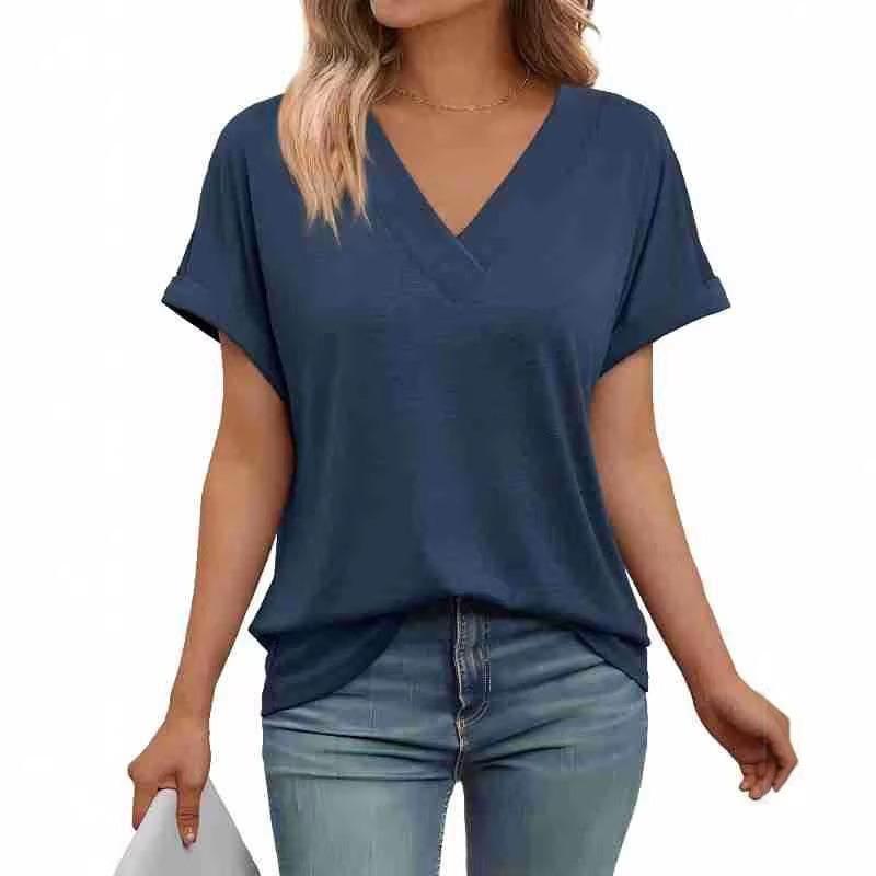 Women's Casual V-Neck Batwing Sleeve T-Shirt Loose Fit Solid Color Summer Top