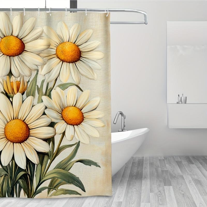 1pc Vintage Floral Shower Curtain - Polyester Bathroom Decor with 12 Hooks, Antique Hand-Drawn Daisy Design, Machine Washable