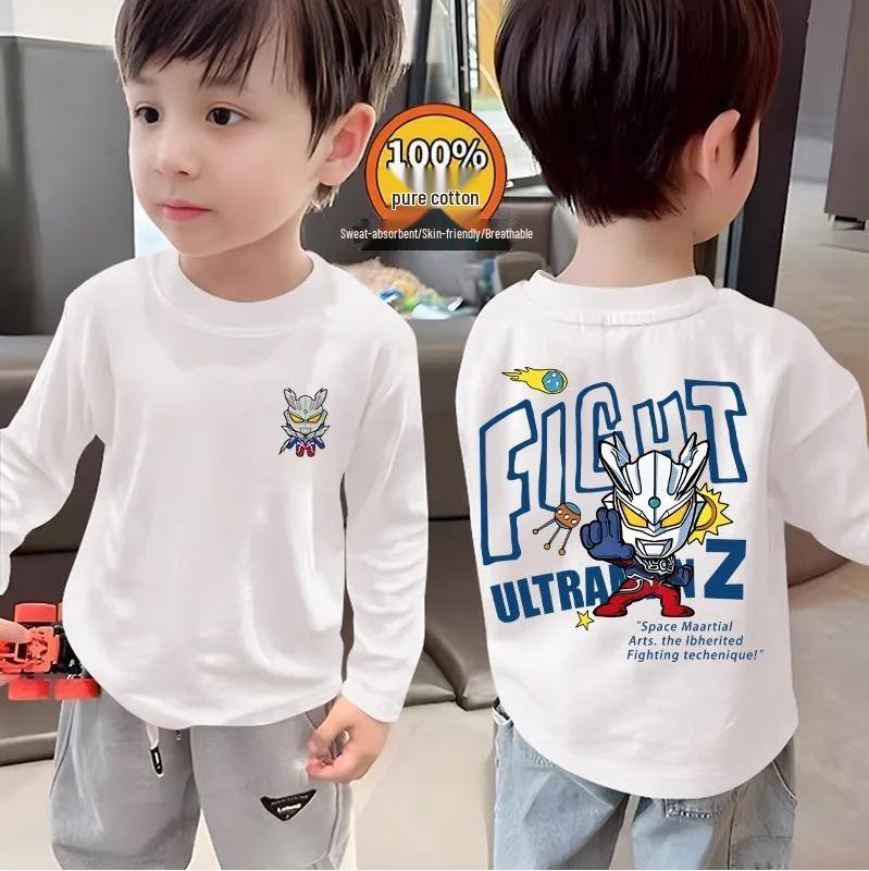 Trendy Kids' Pure Cotton Long Sleeve Cartoon Top – Thin, White, Unisex Base Layer