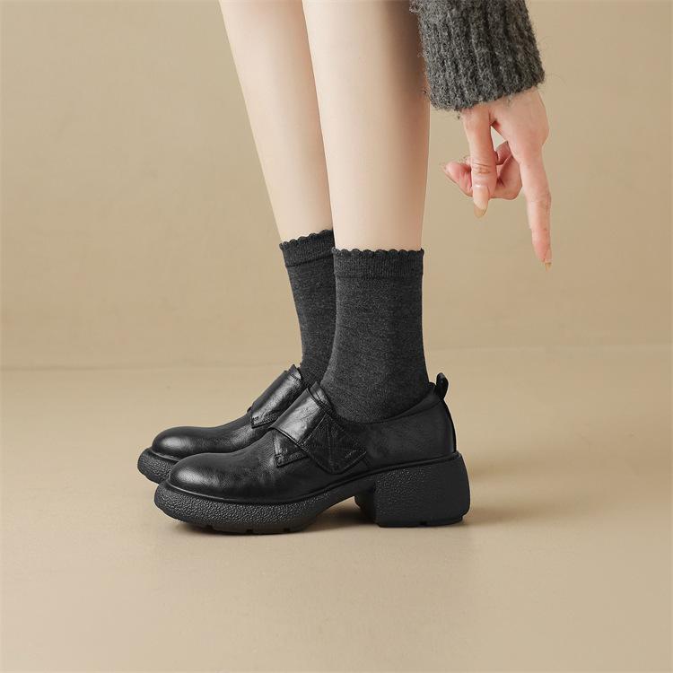 Stepping On Shit! British Retro JK Round Head Platform Velcro Small Leather Shoes Loafer Single Shoes