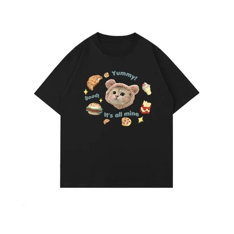 Cute Foodie Cat Print T-Shirt Casual Crew Neck Cat Graphic Tee Funny Trendy Food Lover Cat Streetwear T-Shirt S