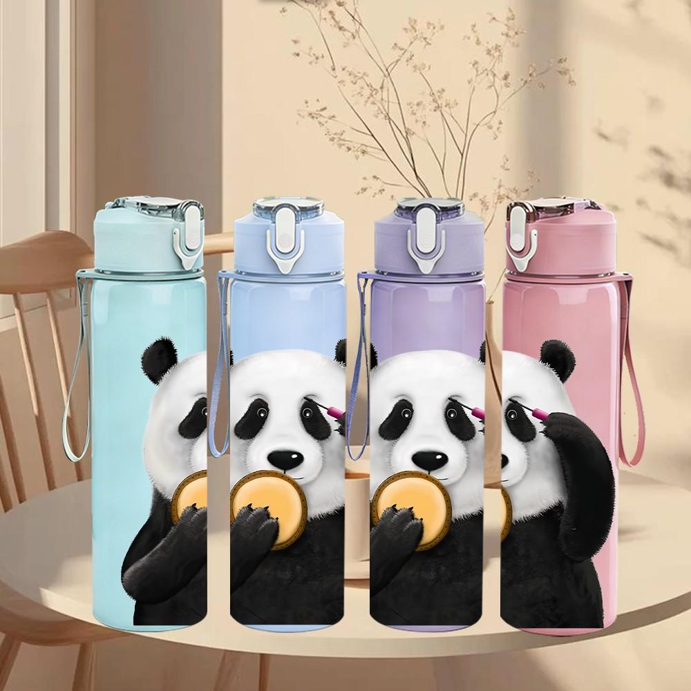 1PC Panda Holding Fruit Bite Pattern 750ml Color Plastic Sports Water Bottle Leakproof Flip Straw Lid Suitable for Sports Office Home Use