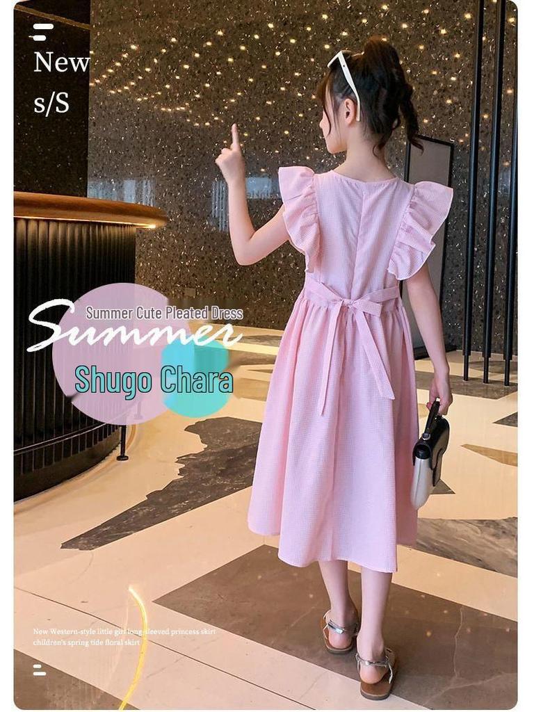 Girls' Stylish Plaid Summer Dress with Flutter Sleeves