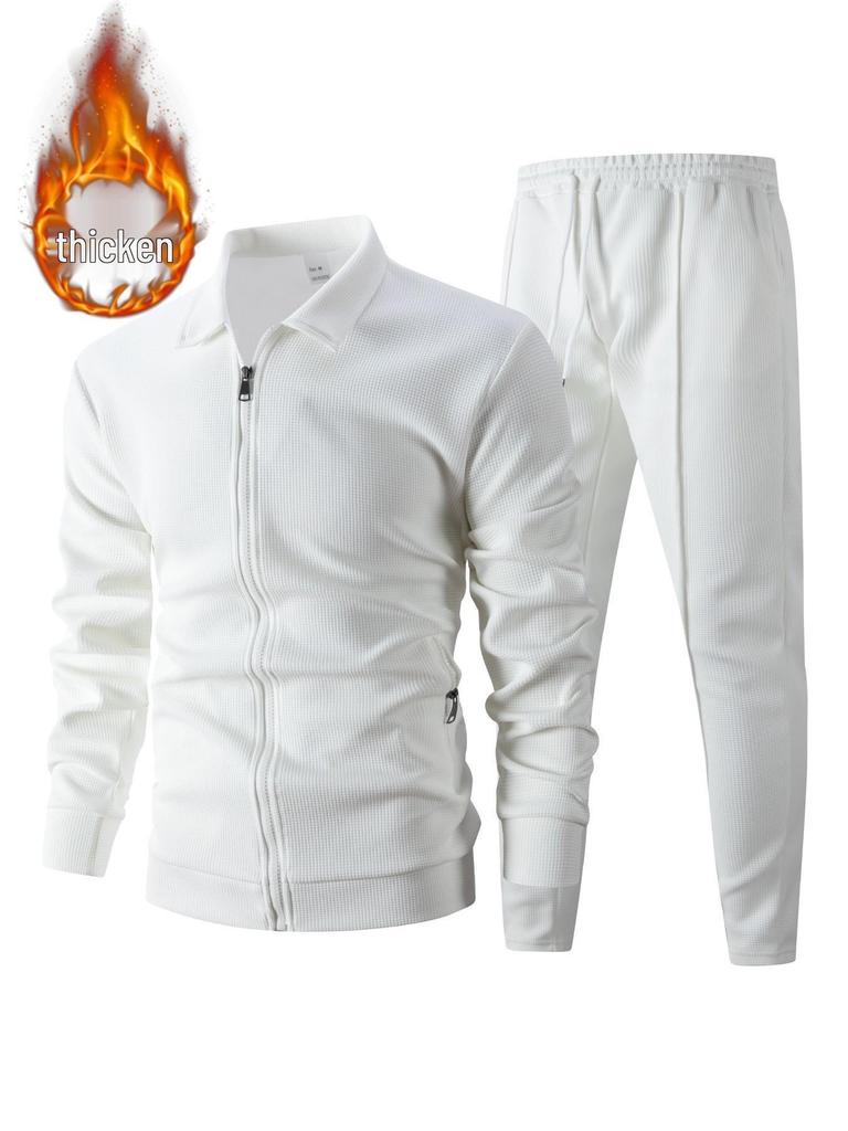 2025 Men's Slim Fit Cardigan Jacket Set with Waffle Knit, Zipper Pocket, and Lapel Collar for Spring and Autumn