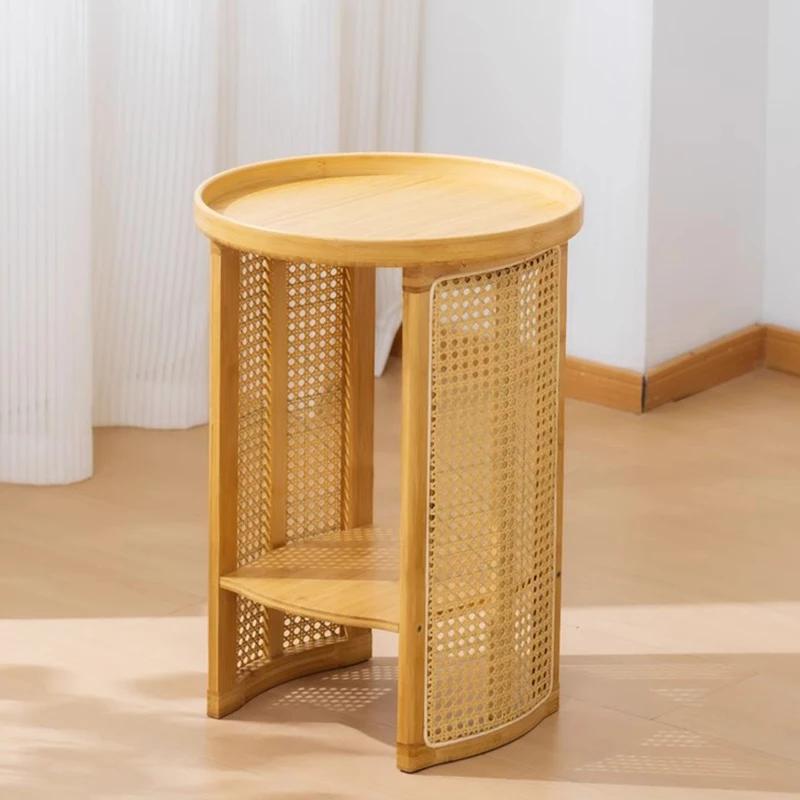 Rattan Coffee Table Circular Modern Tea Tables Living Room Storage Shelf Bedside Table Japanese Design Tables Sofas Furniture
