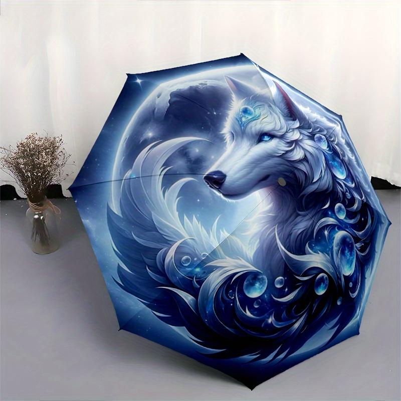 1pc Enchanted Moonlit Wolf Automatic Folding Umbrella - 3 Folding Design, Vivid Cartoon Pattern, Suitable for Outdoor Activities, A Gift for Fans