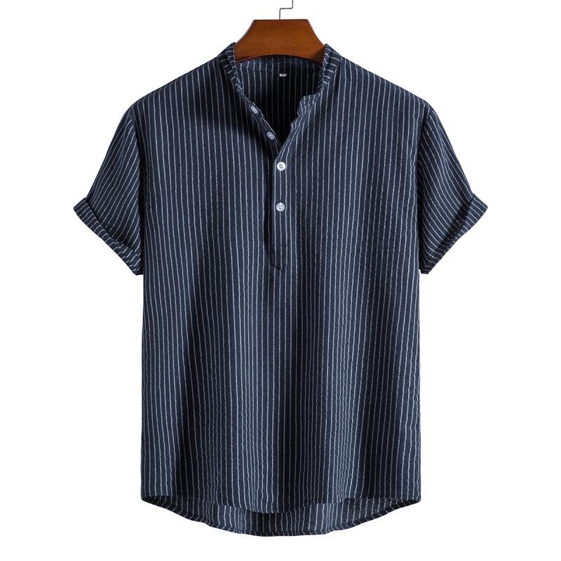 

Рубашка с коротким рукавом Y2k, мужская рубашка из хлопка и льна с воротником-стойкой и короткими рукавами 2XL темно-синий