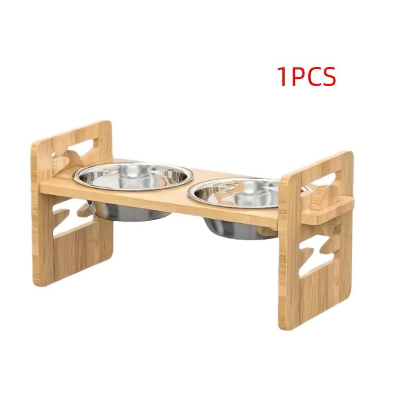 6 Gears Adjustable Pet Bowl Stand Bamboo Double Dog Cat Food Water Bowl Elevated Feeder for Small Medium Large Dogs Cats