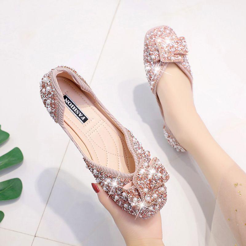 Single shoes soft-soled shoes fashion shallow mouth single shoes 2025 autumn new pearl rhinestones