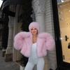 Winter Pink Imitation Fur Coat Elegant Big Fur Trim Hood Women's Jacket Warm Plush Cropped Sweet Lady Faux Fur Coat