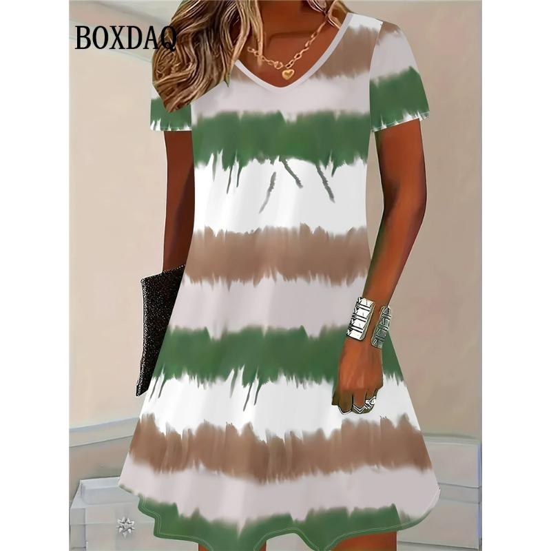 Summer 3D Print Dresses Women Fashion Pullover Short Sleeve V-Neck Dress Casual Retro Flowers Loose Plus Size Female Clothing