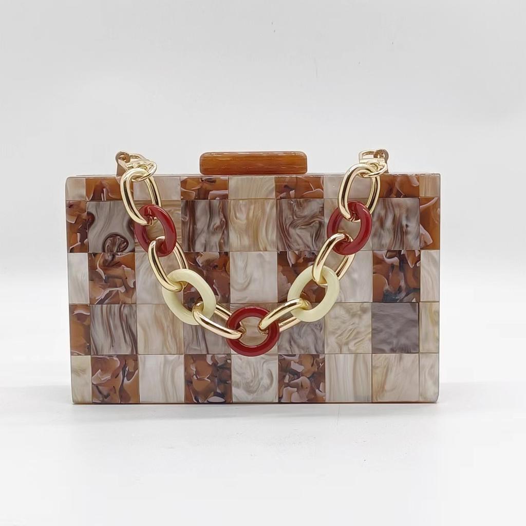 Plaid Pattern Multi-Color Patchwork Acrylic Dinner Bag Small Square Crossbody Shoulder Chain Women'S Bag