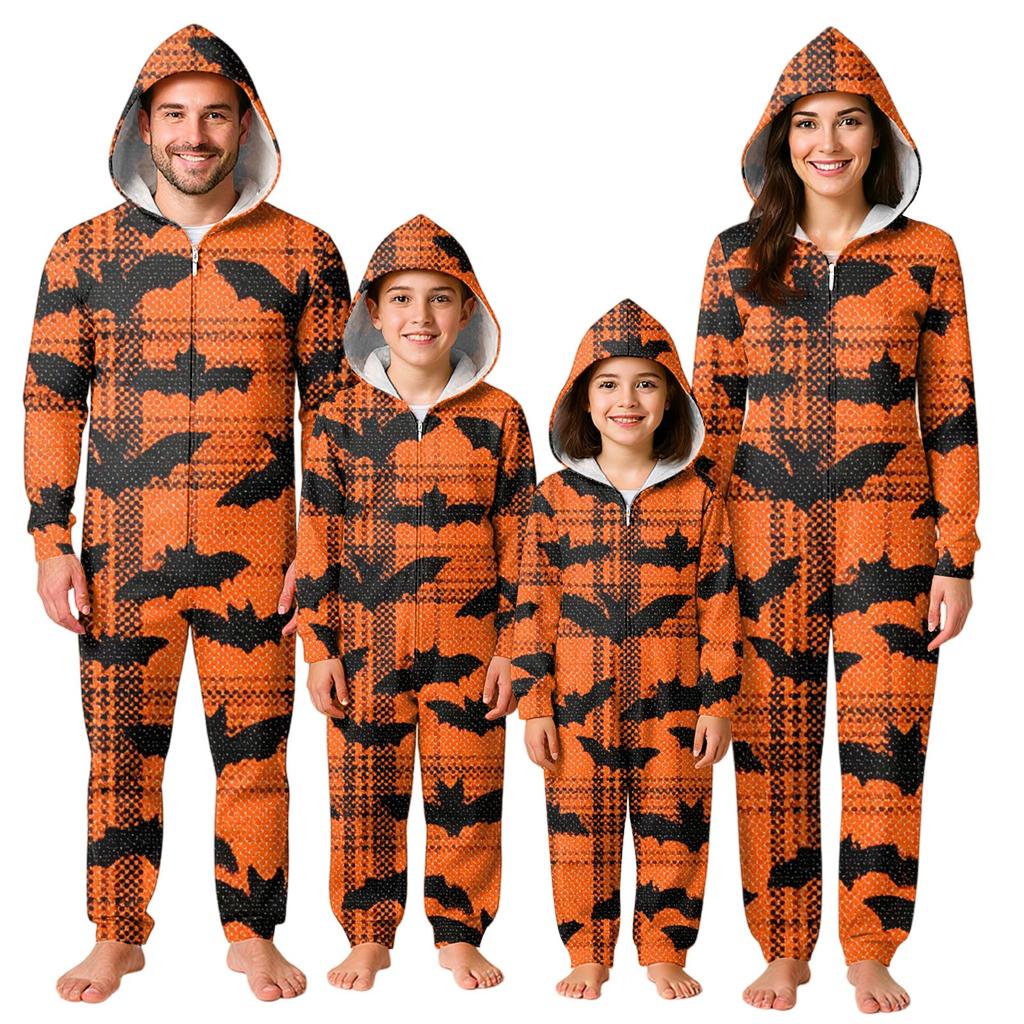 Set Tuta Intera con Cappuccio, Maniche Lunghe e Zip, Stampa di Halloween, Coordinato per Famiglia
