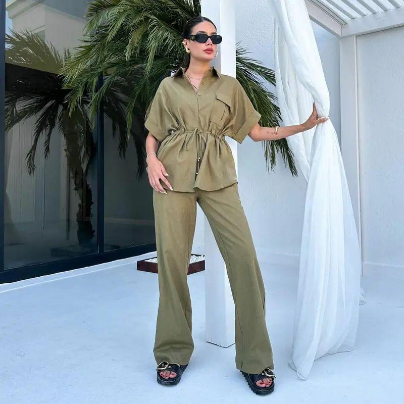 Summer Western Style Fashion Casual Set Women's Overalls Wind Drawstring Pocket Two-piece Set Women clothes Casual Suit