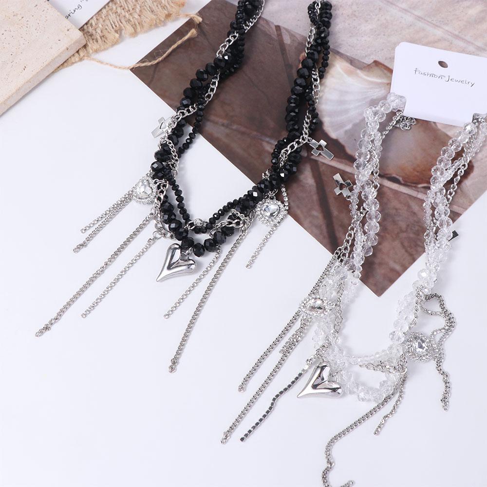 Transparent Heart Pendant Necklace Punk Y2K Crystal Necklace Unique Beaded Rhinestone Choker Daily