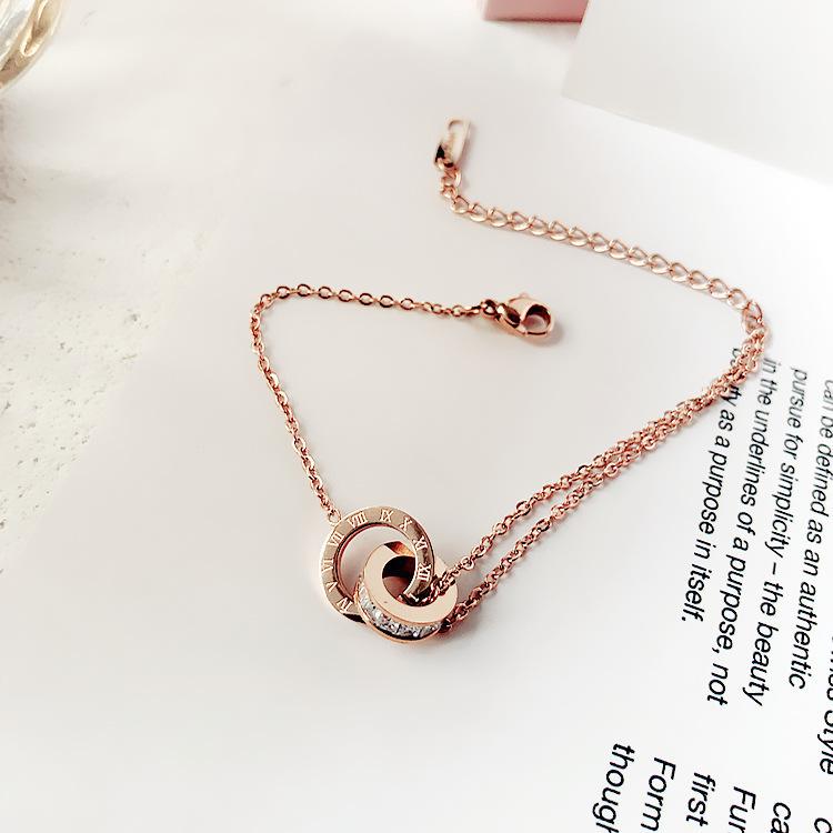 Classic Charm Zircon Roman Numeral Double Rings Bracelet for Women Exquisite Stainless Steel Bangle Jewelry