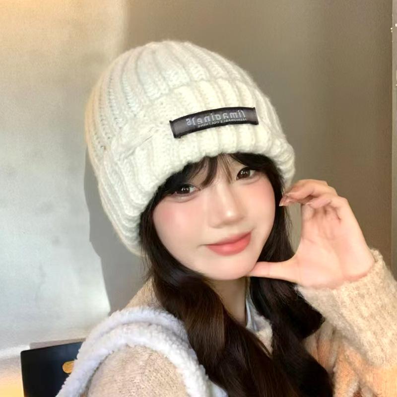 Autumn and Winter Woolen Hats for Women  Letter Cloth Labels  Small Knitted Hats for Couples Versatile Ear Protection, Warm Pullover Cold Hats for Men