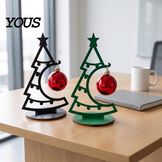 Small Holiday Decor for Office Christmas Tree Table Decoration, Metal Line Art Sculpture with Hollow Ornaments Red Ball Ornament Xmas Party