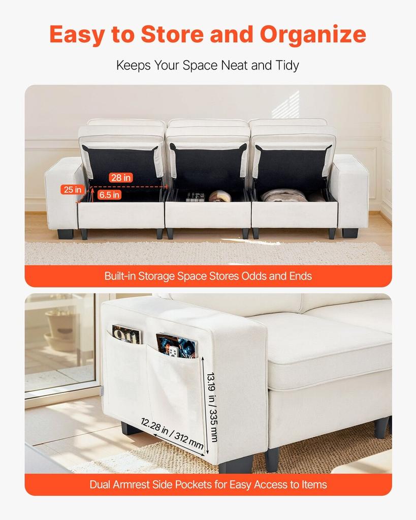 3 Steater Sofa, Modular Sectional Couch with Bottom Storage Space, Modern Comfy Cloud Sofa with Side Storage Pockets and Metal Frame, Ideal for Living