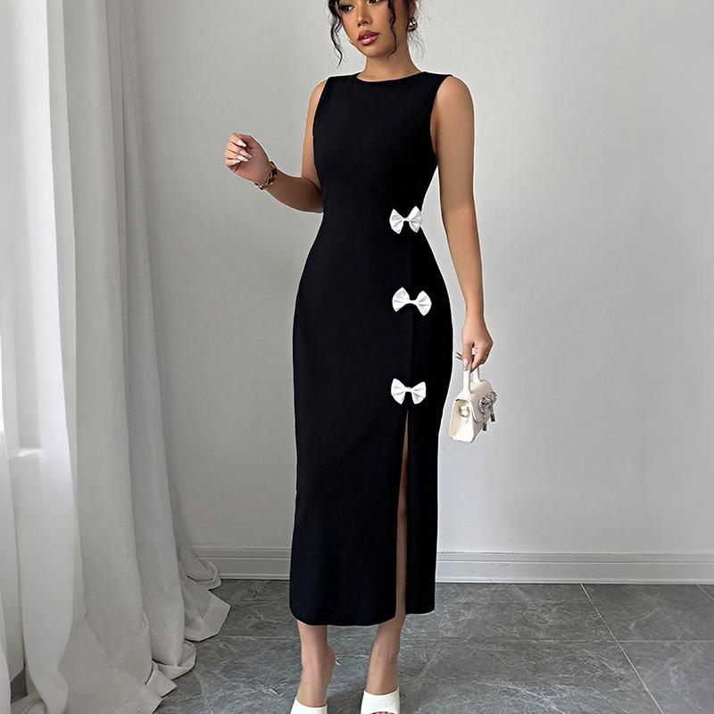 Women Evening Party Sleeveless O Neck Sexy Bowknot Split Package Hip One Piece Dress
