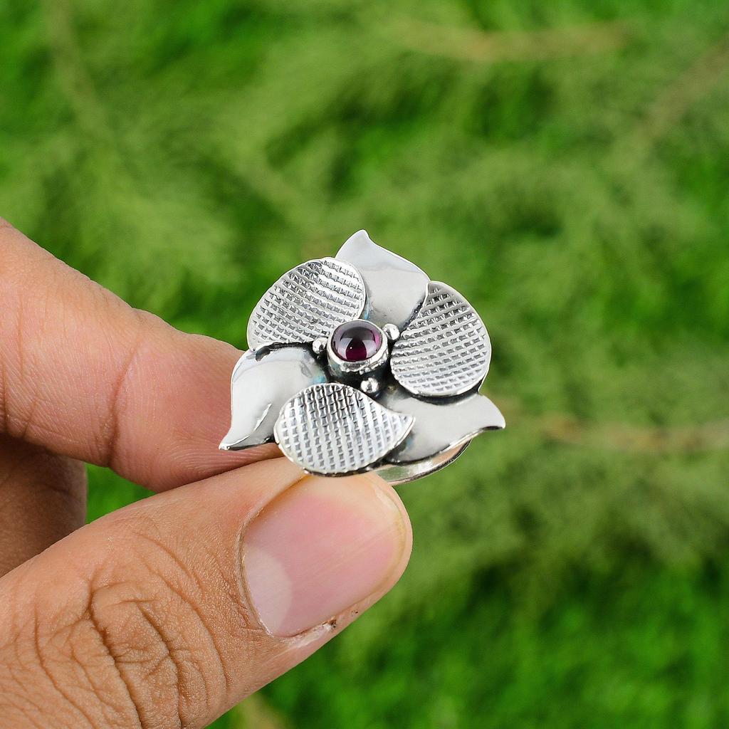 Natural Tourmaline Gemstone Statement Flower Pink Adjustable Ring 925 Silver