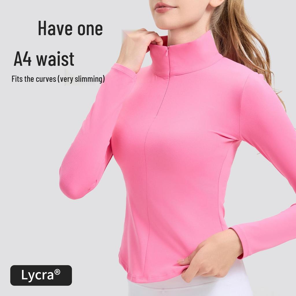 NUF Women's Autumn/Winter Nude-Feel Stand-Collar Half-Zip Yoga T-Shirt - Waist-Slimming Long-Sleeve Fitness Top