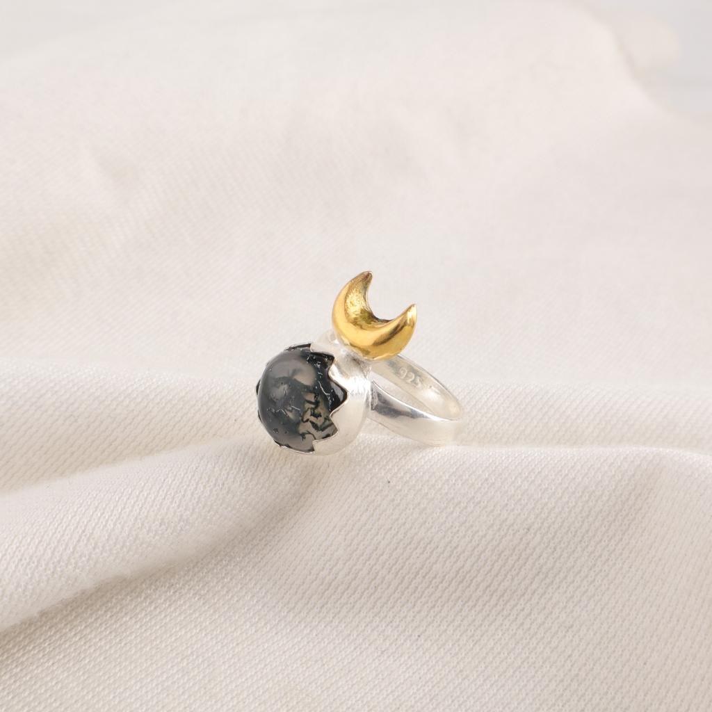 Round Moss Agate Stone Promise Sisters Day Eternity Statement Ring 925 Silver RR-58-37