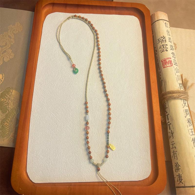 Hand-Woven Olive Pit & Dzi Bead Necklace with Adjustable Ethnic-Style Pendant Lanyard